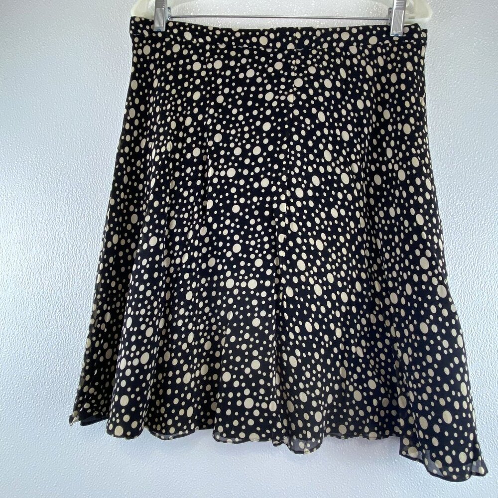 Polka Dot Silk Flowy Skater Skirt Black Cream Rickie Freeman 4 Teri Jon SZ 12